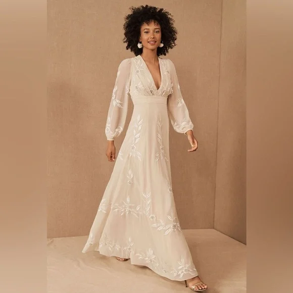 BHLDN Belize Embroidered A-Line Long-Sleeve V-Neck Gown 10 - Picture 1 of 16